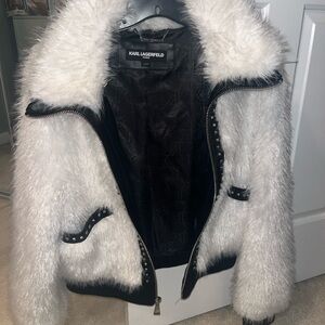 Karl Lagerfeld Shaggy Studded Faux Fur Bomber Jacket